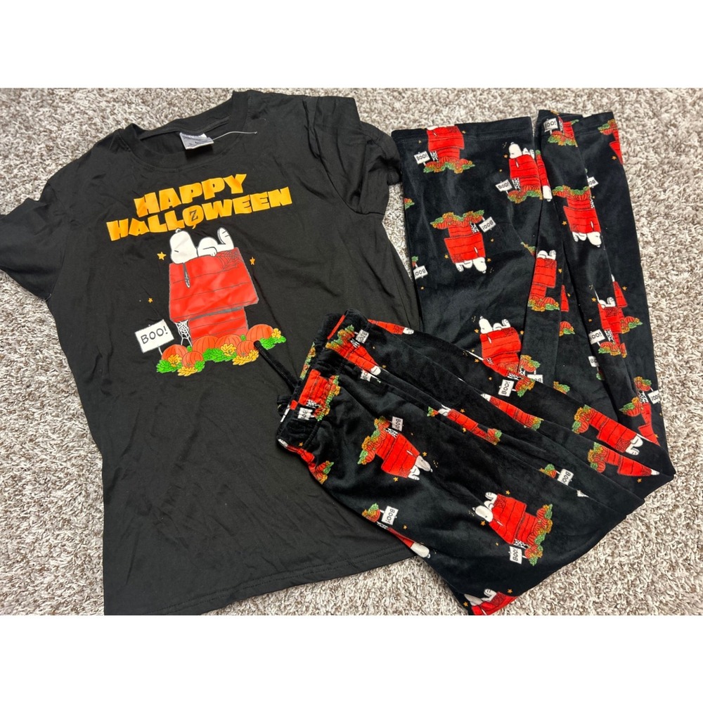 Peanuts Snoopy Happy Halloween Pajama Set Black M Short Sleeve Tee Fleece Pants